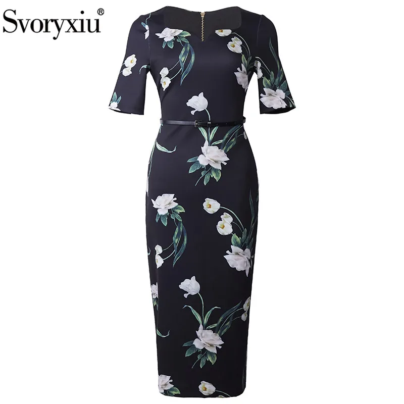 

Svoryxiu 2021 Designer Summer Elegant Office Lady Dress Women's Fashion Square Collar Flower Print Black Sheath Dresses XXL