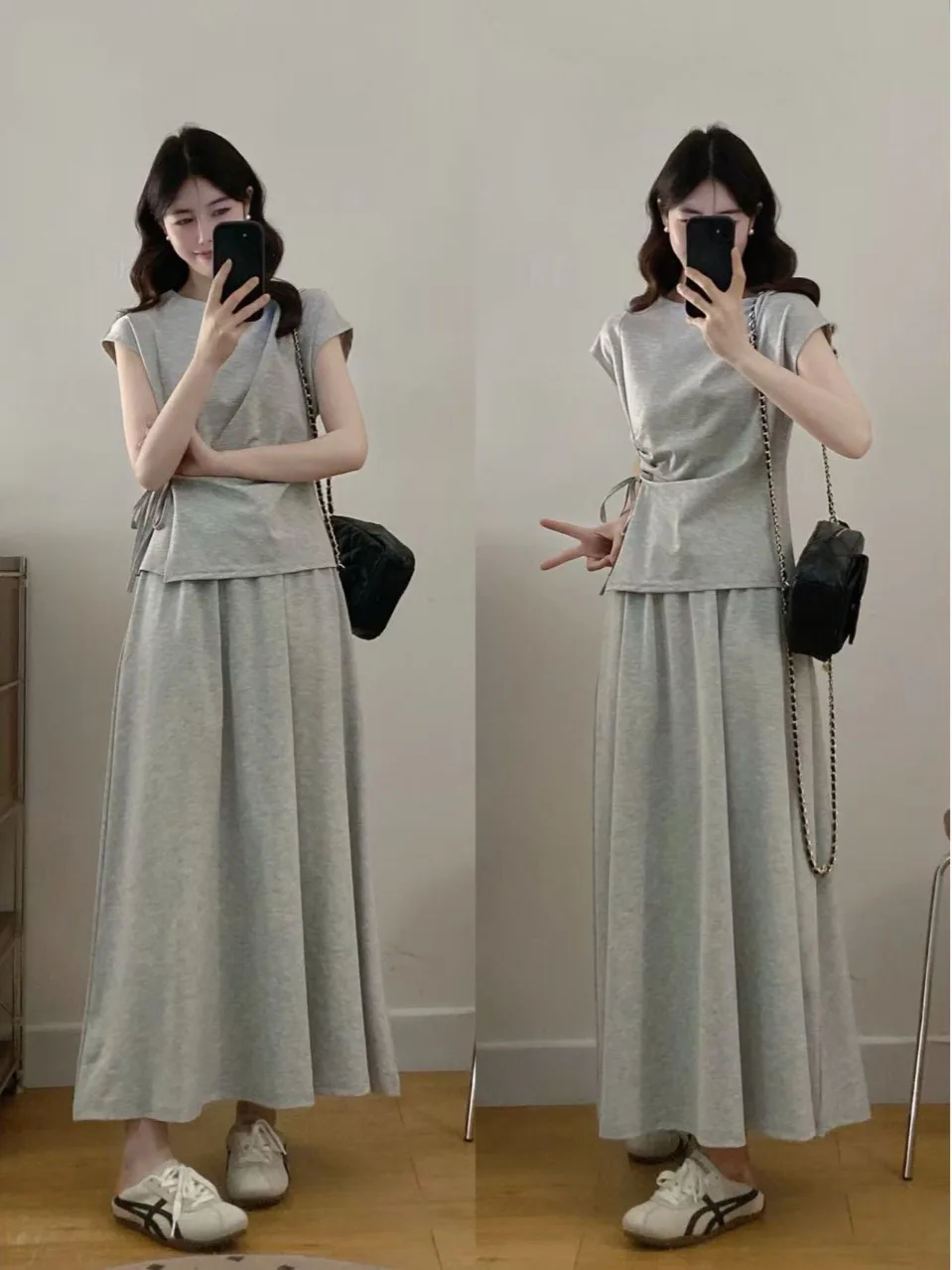 

Summer Slimming plus Size Casual Drawstring Top High Waist Half Body Skirt Set Fat MM Anti-Aging Big Code Clothing Ensemble