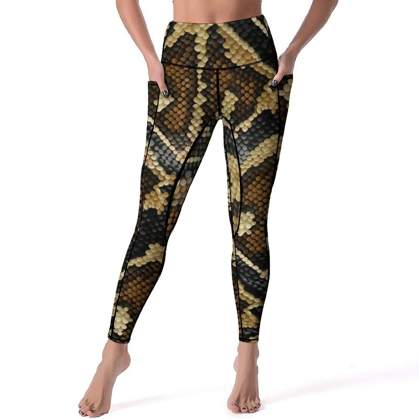 

Brown Beige Snakeskin Design Leggings Black Ball Scarf Workout Yoga Pants High Waist Cute Leggins Sexy Custom Sport Legging