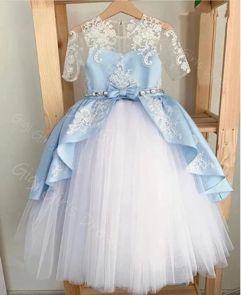 Vestido de niña de flores realimado para boda 2-14 niños vestido de comunión de manga corta con cuello transparente y fajas de cristal personalizado