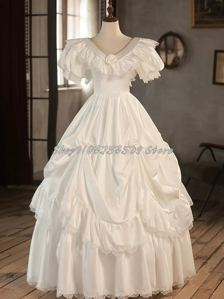 Romantic Pure White Victorian Wedding Dress Elegant V Neck Pleated Short Sleeve Lace Up Corset Pleated Applique Party Dresses