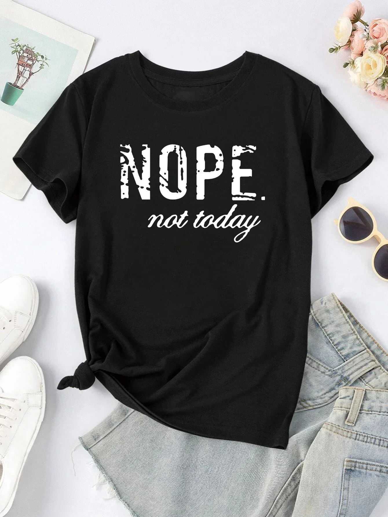 Nope Not Today Plus Size Letter Print Graphic T-Shirt Cute Short Sleeve Crew Neck Shirt Casual Every Day Tops Women's Clothing