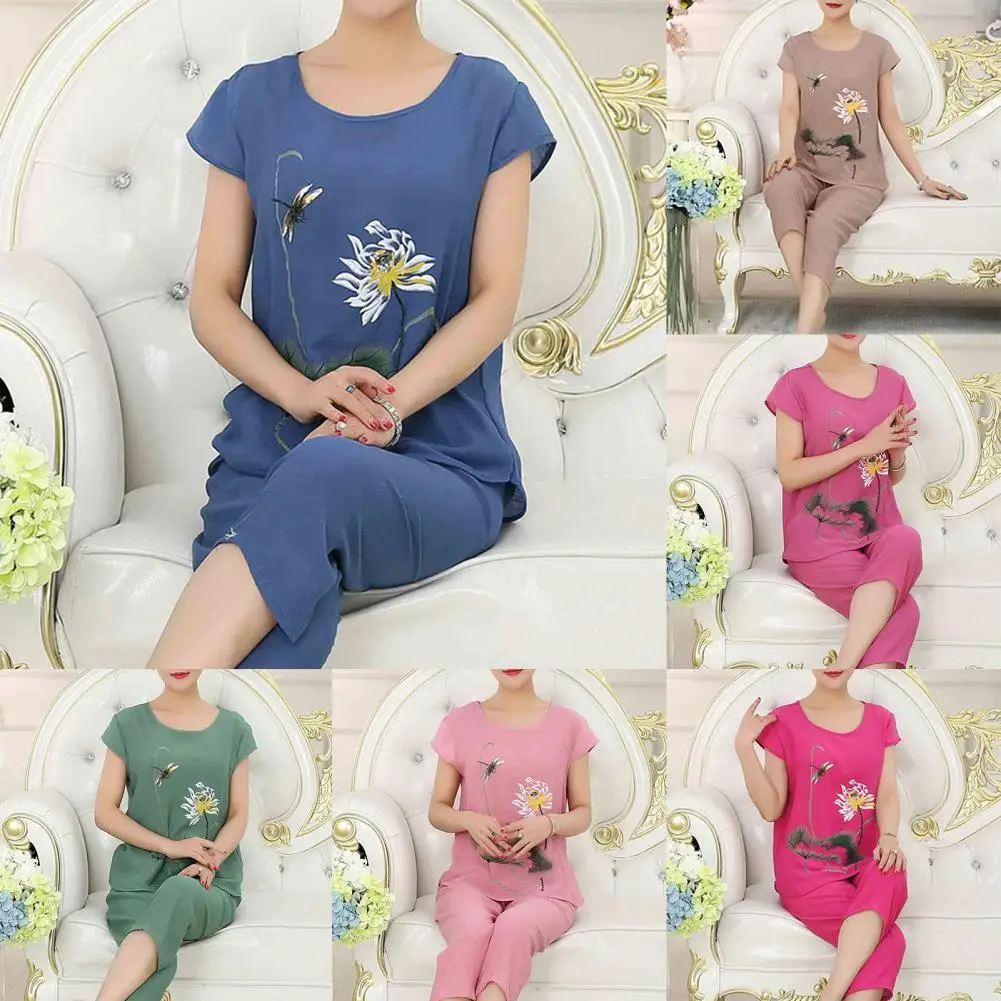 1 Set Simple T-shirt Pants  O Neck Two-piece Pajamas  Round Neck Flower Animal Print T-shirt Pants Set