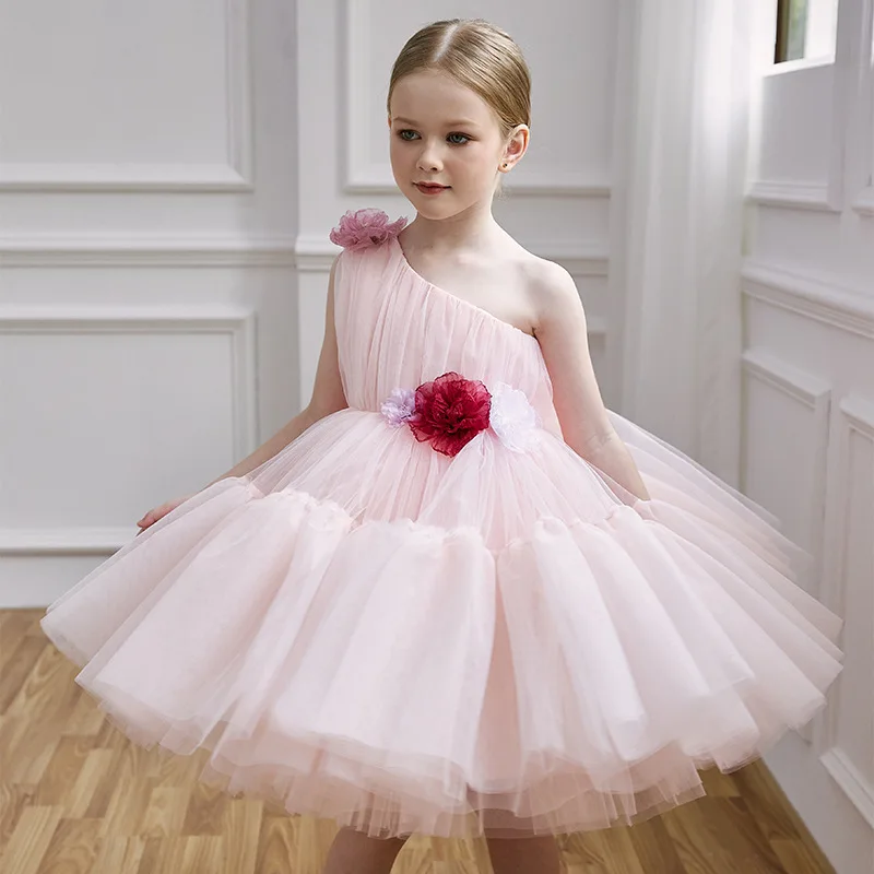 

High-end Luxury Girl Pink Bow Princess Layered Dress Elegant Tulle Ball Gown Wedding Party Kids Dresses for Girls Clothes
