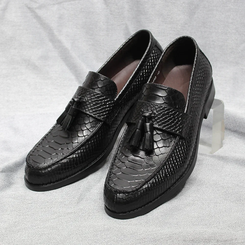 Italian Style Men's Tassel Loafers Genuine Leather Snake Pattern Slip on Wedding Party Office Dress Shoes for Men Casual Loafers