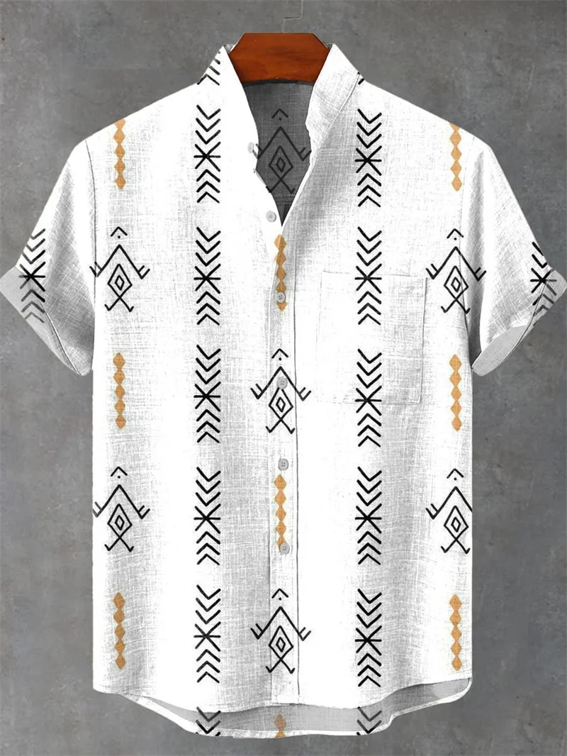 قميص رجالي كتان مطبوع هندسي ثلاثي الأبعاد بأكمام قصيرة نمط فني مريح عالي الجودة، أزرار صيفية #2