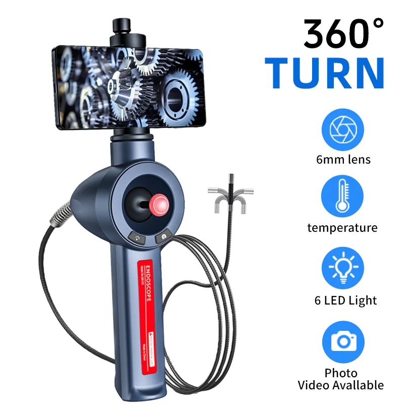 

360° Steering Industrial Endoscope 6mm Lens With 6LED Light For Android Phone Automotive Engine Inspection Borescope Camera