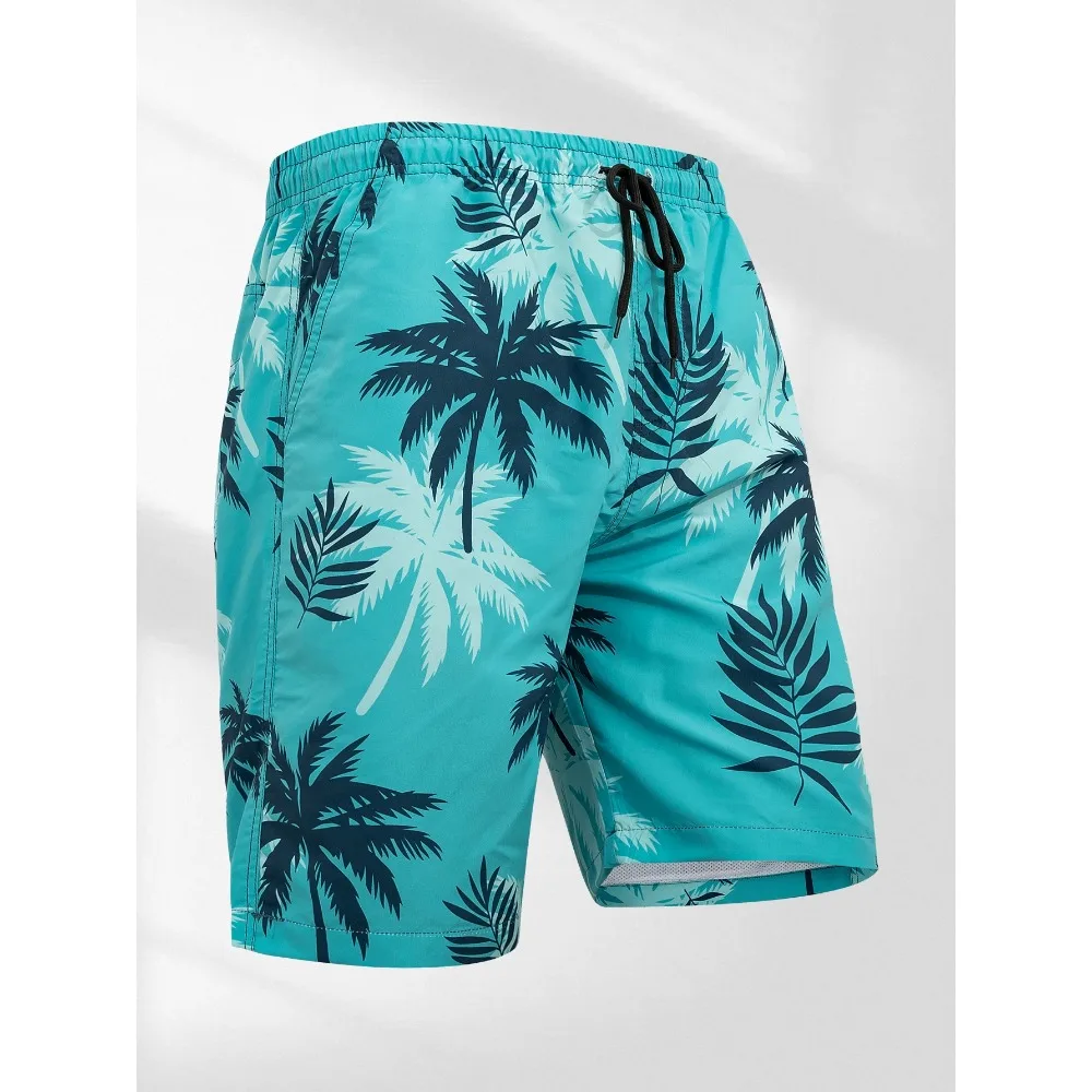 Mens Board Shorts Palm Tree Print Swim Trunks, Beach Shorts with Pockets for Men