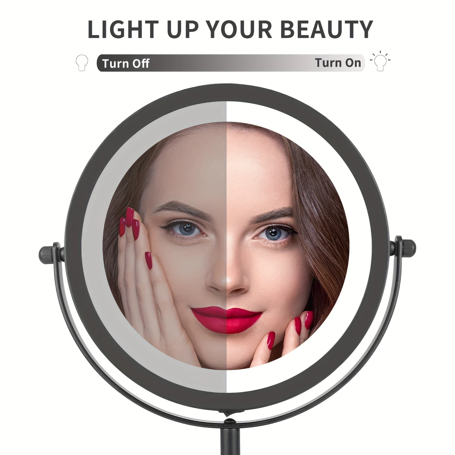 

7 Inch Black Lighted Double Sided Round Makeup Mirror with 10X Magnification and 360 Degree Swivel Vanity for Shaving, Bu