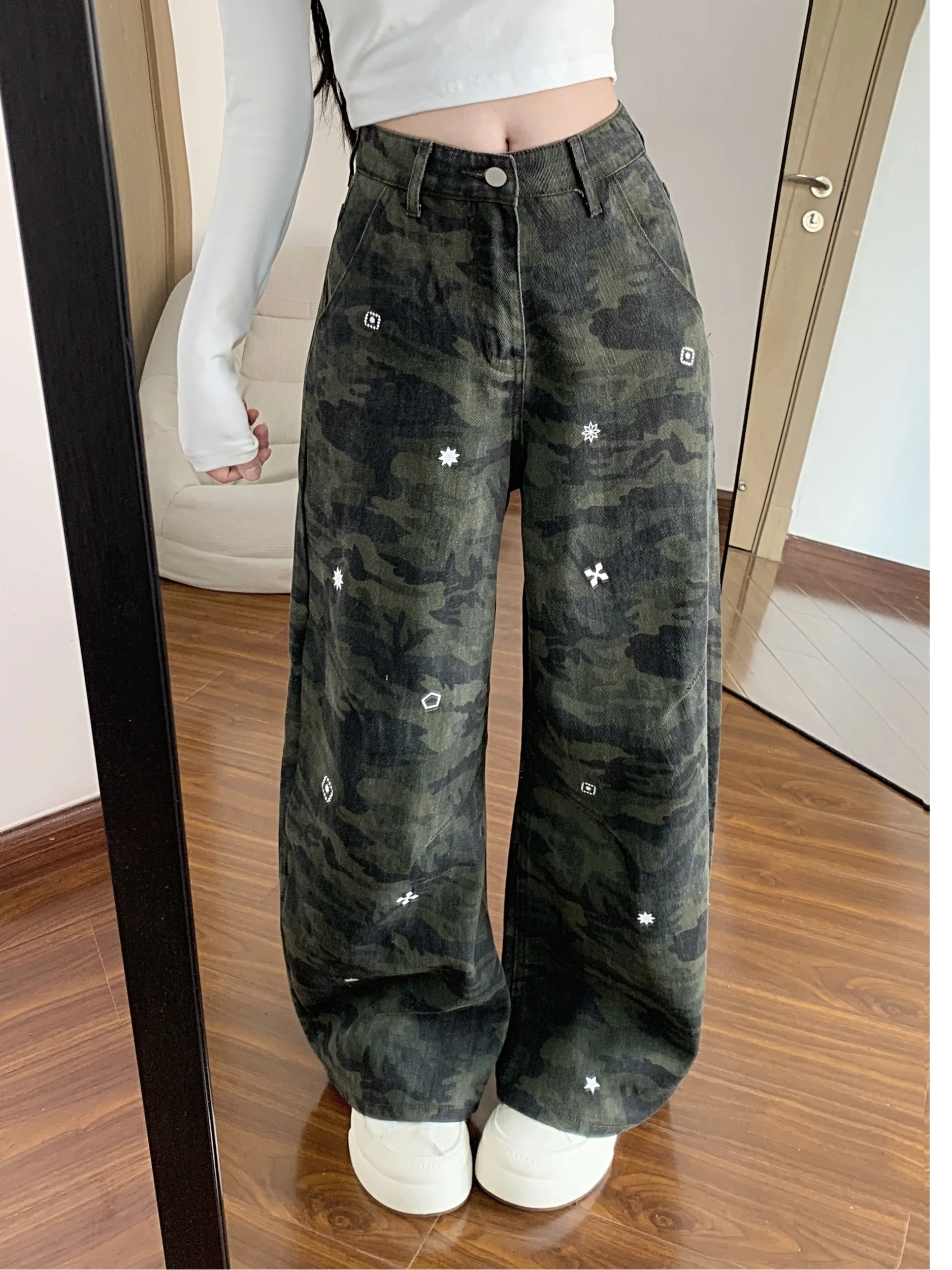 

American Street Sle Camouflage Print Work Pants Loose Casual Jeans for Couples Neutral Silhouette Spring Autumn Cotton
