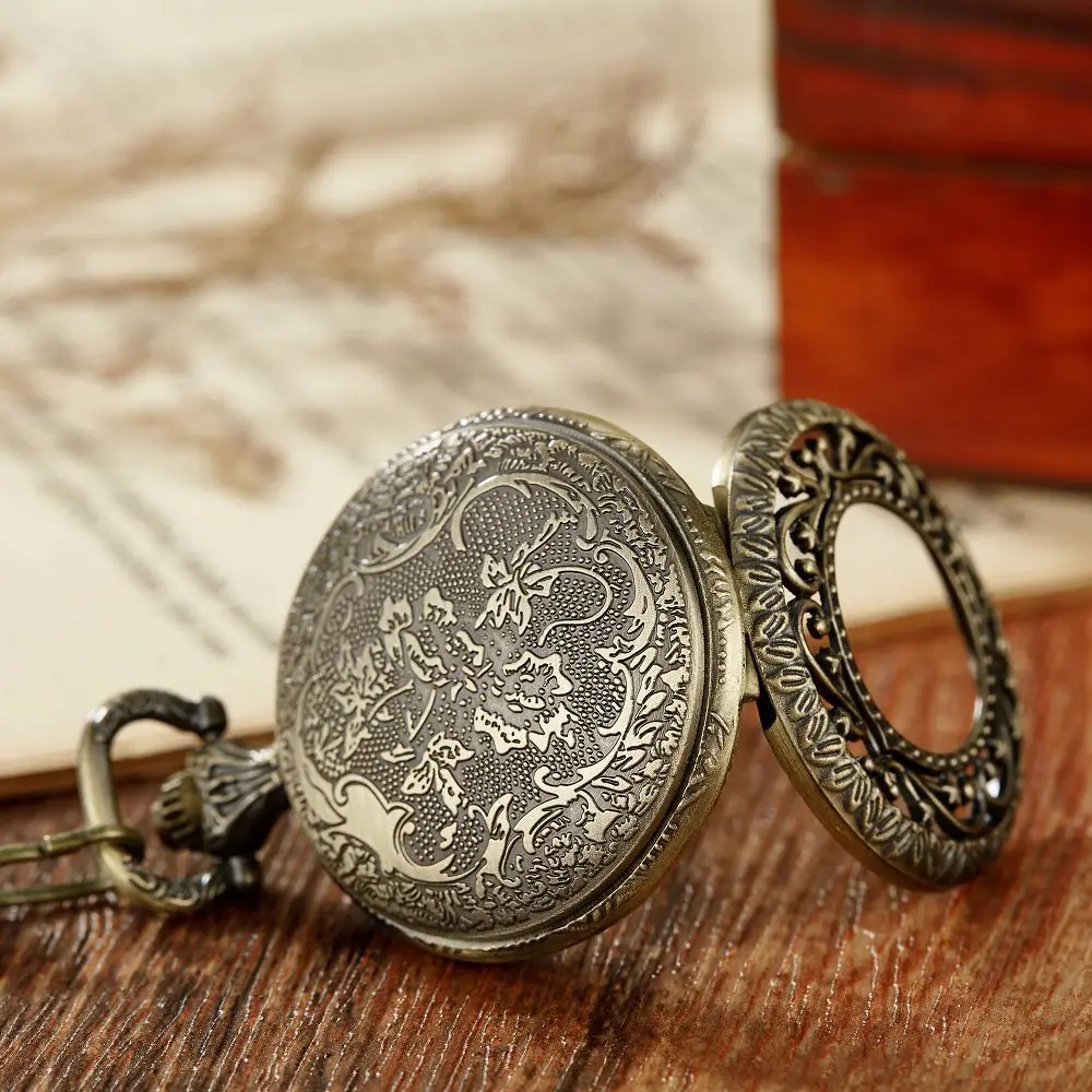 Luxury Hollow Flower Bronze Numerals Quartz Pocket Watch Chain Men Women Hollow Case Vintage Pendant Necklace