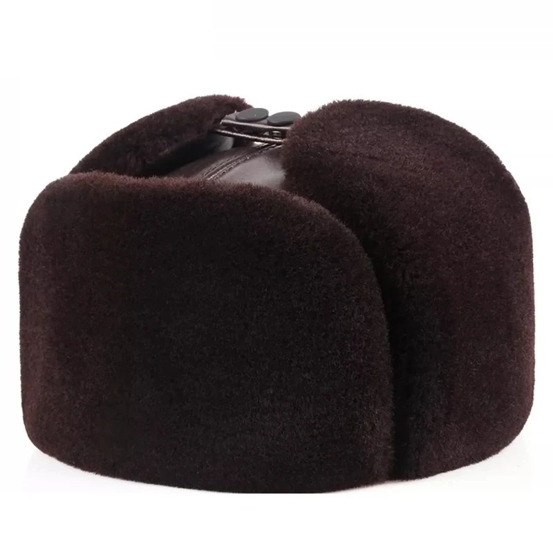 Winter Leather Fur Cap Men 100% Wool Cow Skin Thick Cold Proof Ear Head Warm Fleece Fishing Bomber Hat Male Daddy Christmas Gift