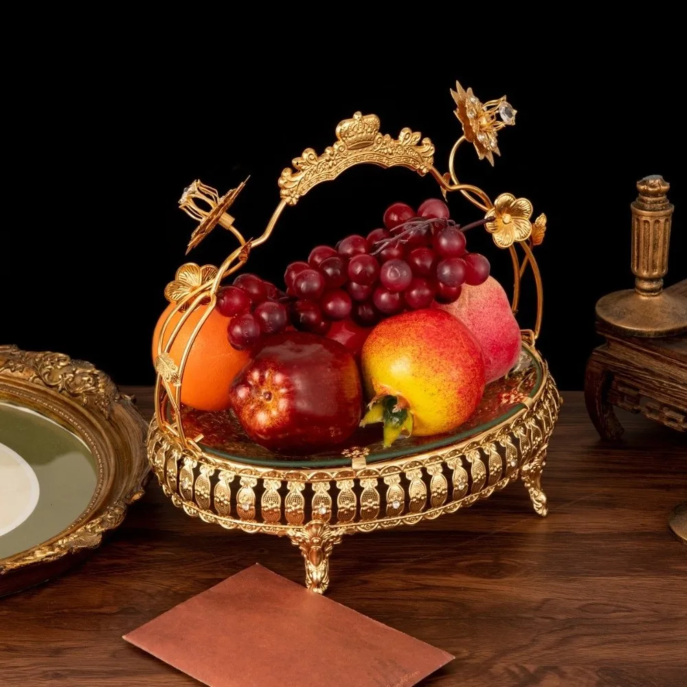 

Portable Handle Metal Fruit Plate Golden Glass European Style Retro Storage Basket Light Luxury Pastry Tray Banquet Desktop
