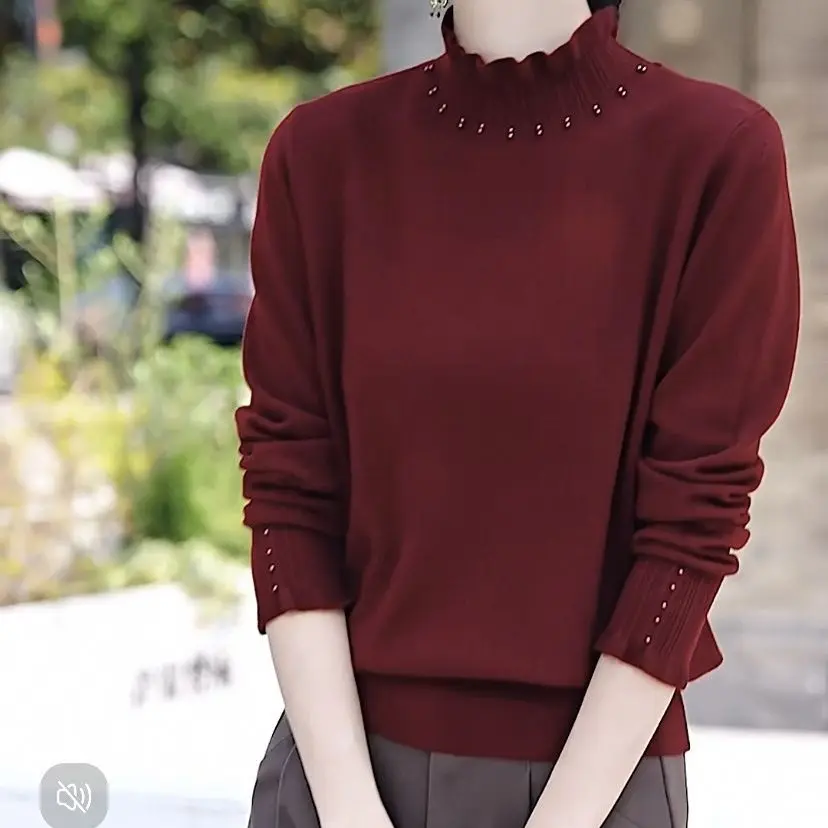 Half Turtle Neck Fashionable Women's Clothing Fashionable and Versatile Solid Color Fungus Lace Sweater Autumn New Sweater