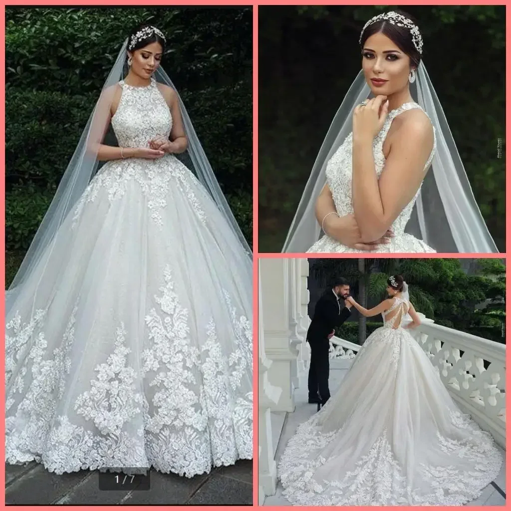 

Customize Luxury White Tulle Ball Gown Wedding Dress Halter Neckline Lace Appliques Beaded Sleeveless Bridal Gowns Princess