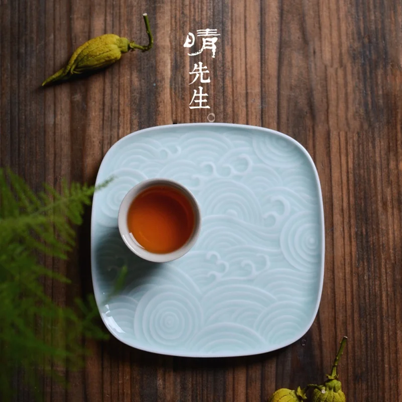 

★Jingdezhen Handmade Misty Blue Carved Tea Table Special HAILANG Pattern Mini Teapot and Saucer Pot Tray Kung Fu Tea Set