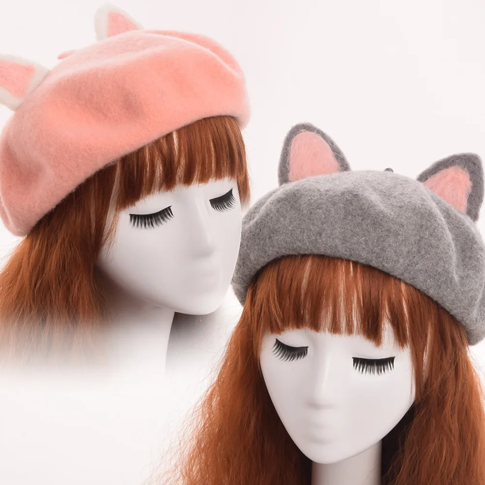 Cute Lolita Beret Handmade Pink Women Cat Ears Hat Woolen Beanie Cap
