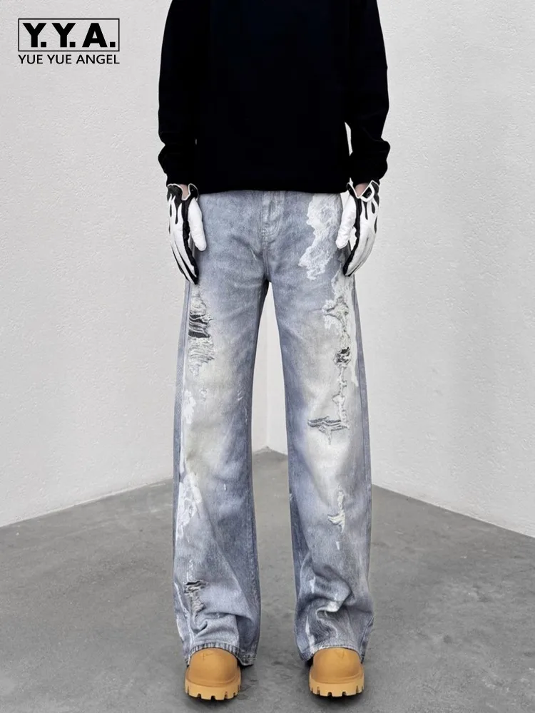 

Streetwear Fashion Personality Hole Print Retro Men Micro Flared Jeans Mid Waist Straight-Leg Casual Full Length Denim Trousers