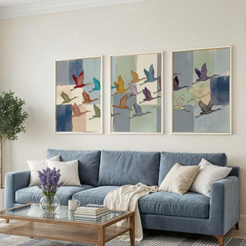 Multiple sizes 3pcs frameless Canvas Painting,3Pcs Abstract Boho Flying Cranes Canvas Wall Art Nordic Pastel Aesthetic Poster Be