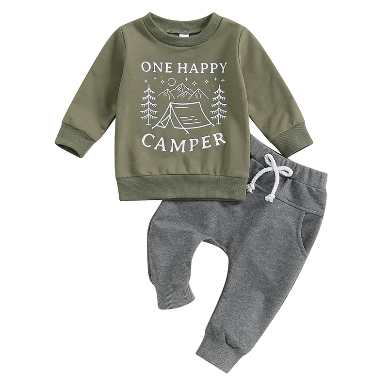 

Baby Boy 1st Birthday Outfits Tree Letter Print Long Sleeve Crew Neck Pullover with Solid Color Pants 2Pcs Outfits