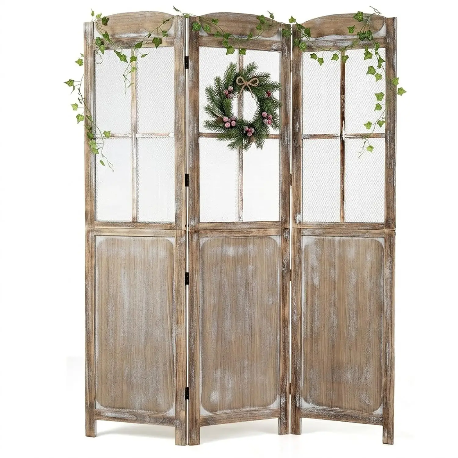 3 Panel Folding Room Divider with Mesh Window, Distressed Brown, Customized