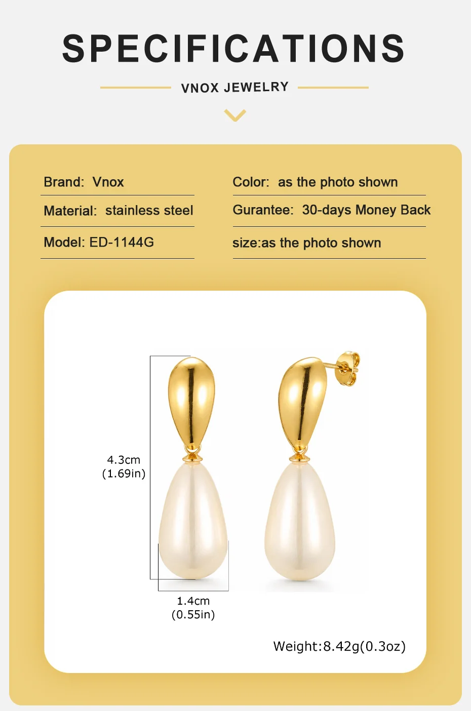 Vnox Exquisite Imitationsperlen-Ohrhänger für Damen, vergoldeter Edelstahl, tropfenförmige Ohrringe, Hochzeit, Party, Ohrschmuck – Detail 4