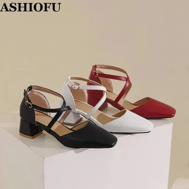 ASHIOFU Handmade Women's Block Heel Sandals Cross-straps Real Pictures Party Prom Large Size Three-colors Fashion Summer Shoes