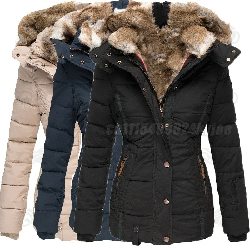 New Motorcycle Jacket with Warm Fur Collar and Cotton Jacket for Winter, Women's Thick Long Sleeved Slim Fit Cotton Jacket