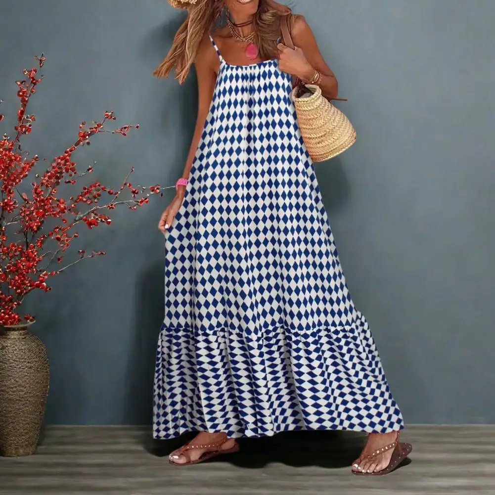 Abito lungo Boho senza maniche da donna Abito lungo estivo fluido senza schienale Abito estivo casual con volant da spiaggia