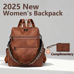 2025 New Women Leather Waterproof Anti-theft Fashion Designer Multifunctional Large Capacity Retro Travel Backpack Shoulder Bag