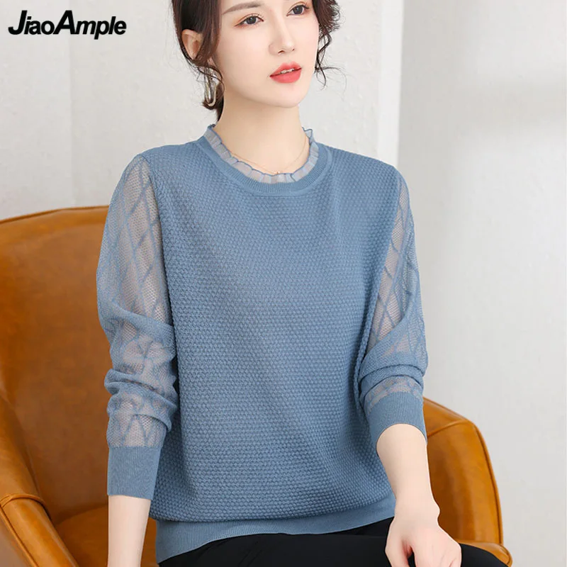 Women's Spring Autumn Graceful Lace Patchwork Knit Pullovers Lady Bule Knitted Bottoming Shirts Daily Joker Sweater Tops Female