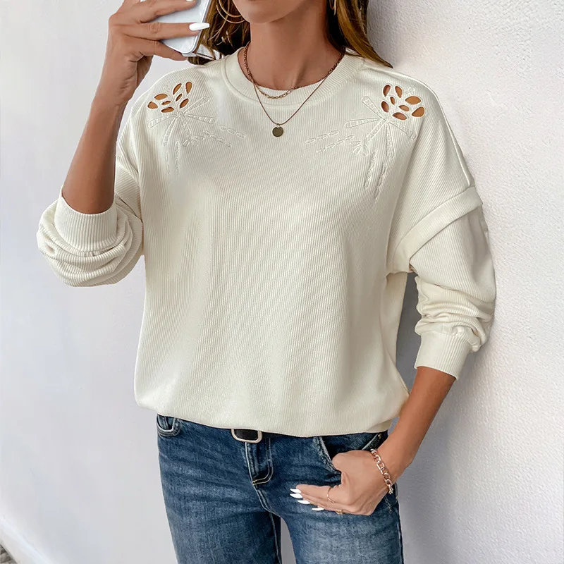 2025 Nuova felpa con cappuccio girocollo casual a maniche lunghe con texture pullover top patchwork ricamato
