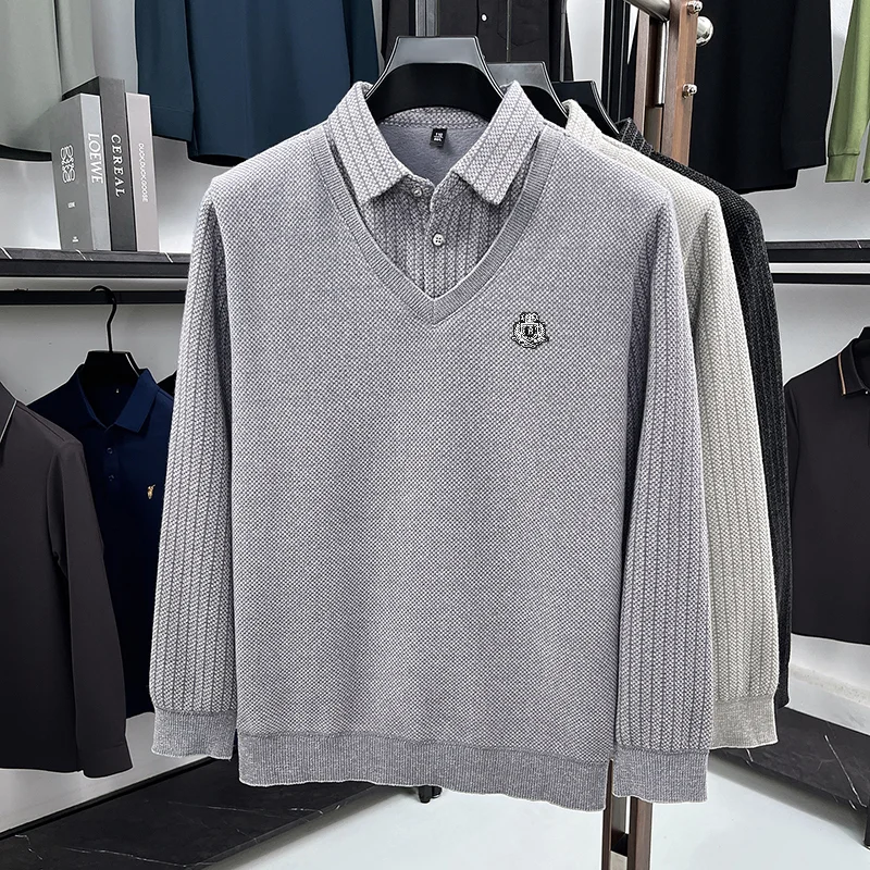 Quality Man Long-Sleeved Polo Shirt False Two-Piece Lapel Letter Embroidery Thicken Fleece-Lined Winter Fashion Men's Clothing