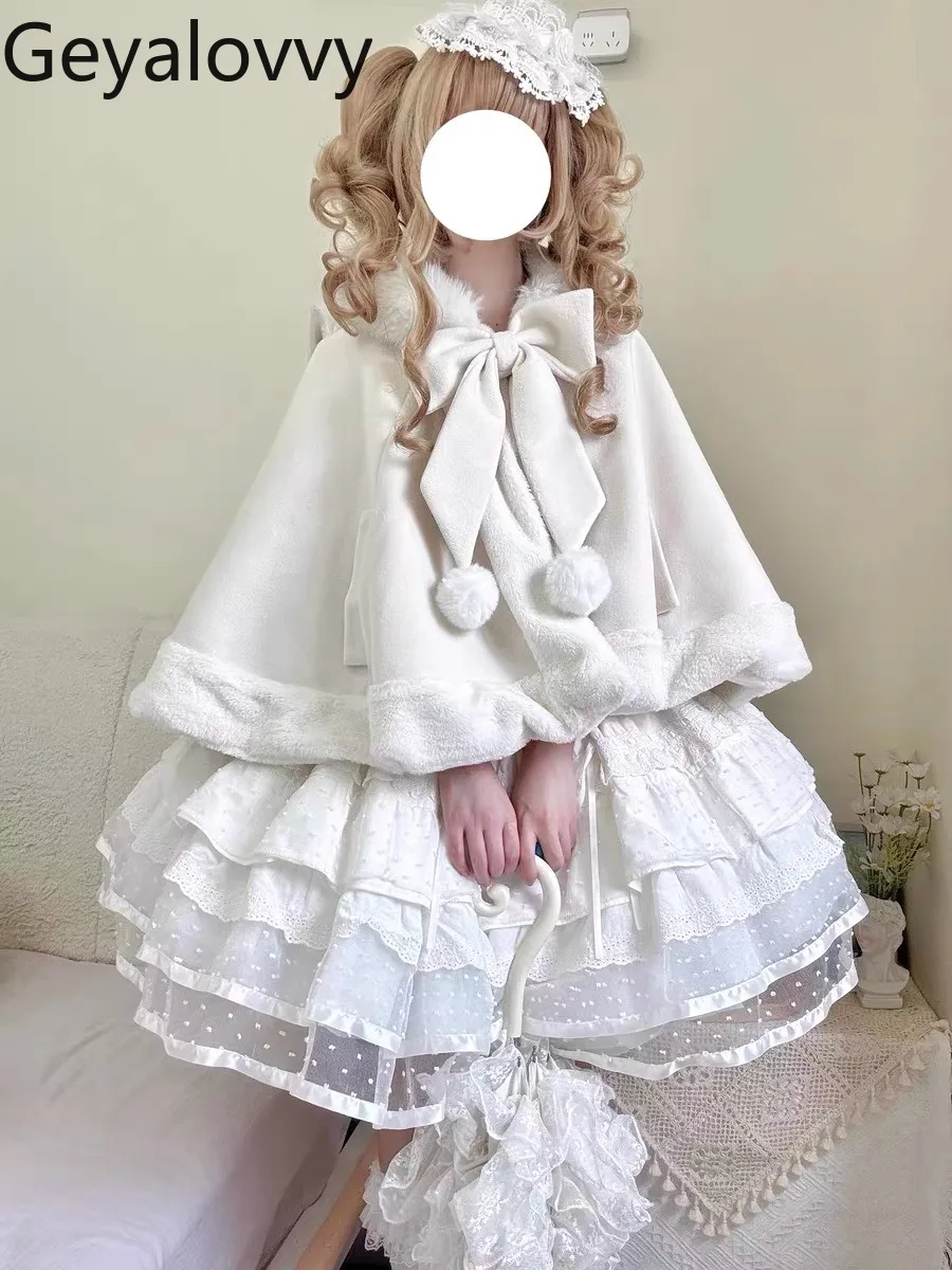 

Японская милая милая осенне-зимняя пушистая короткая накидка в стиле Лолиты для девочек с заячьими ушками, утолщенный плащ с бантом и капюшоном, шаль