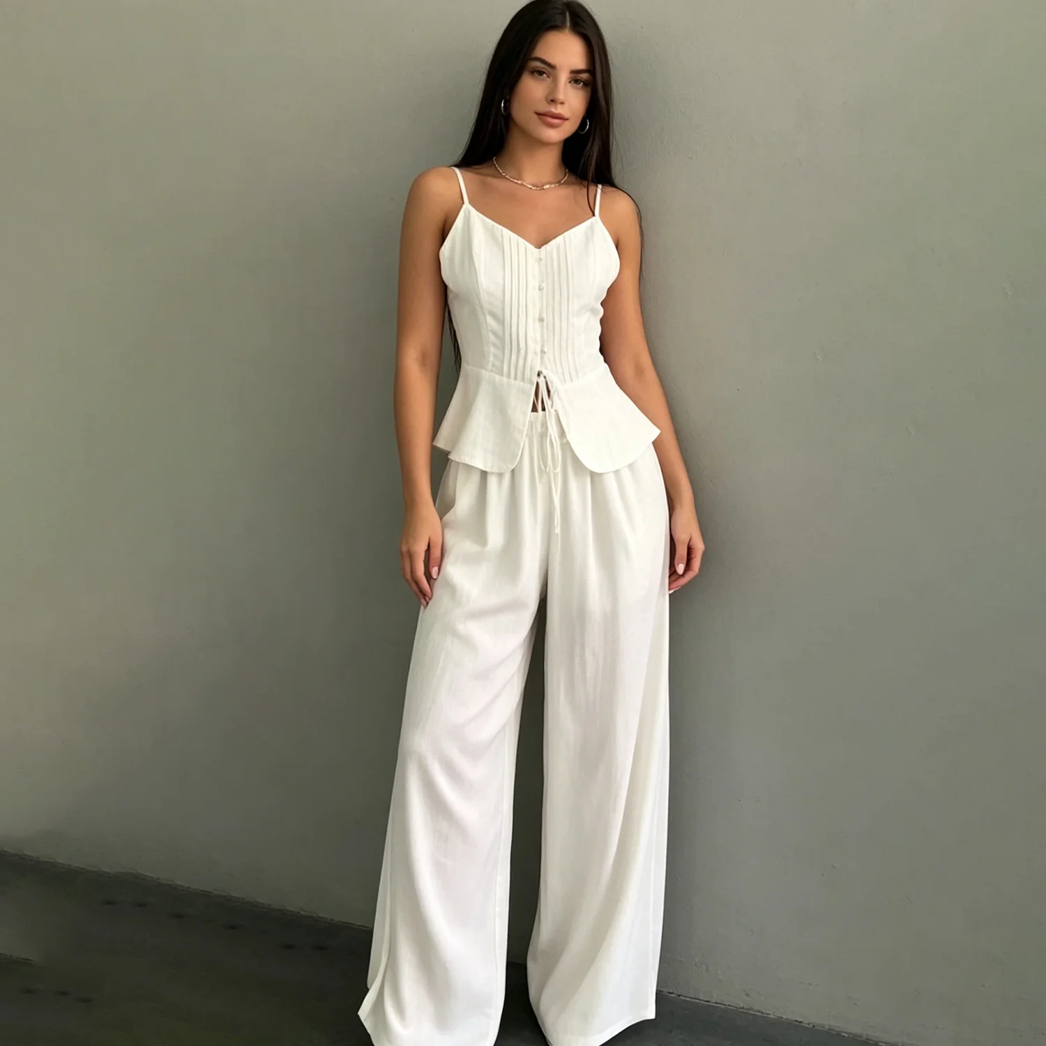 

LIMO 2026 New White Cotton Linen Suit, V-Neck Cami Top & High Waist Wide Leg Pants, Chic Two-Piece for cusual