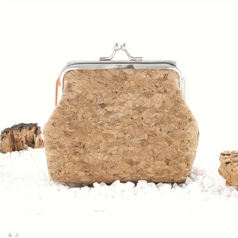 High Quality Solid Beige Kiss Lock Cork Coin Purse Natural Cork from Portugal Mini Coin Bag for Women Child