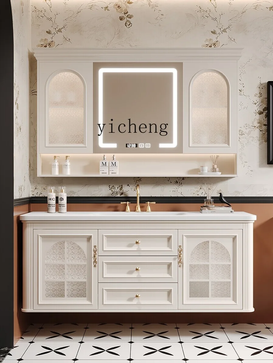 ZF retro luxury stone ceramic under the counter basin rubber wood bathroom cabinet combination washbasin