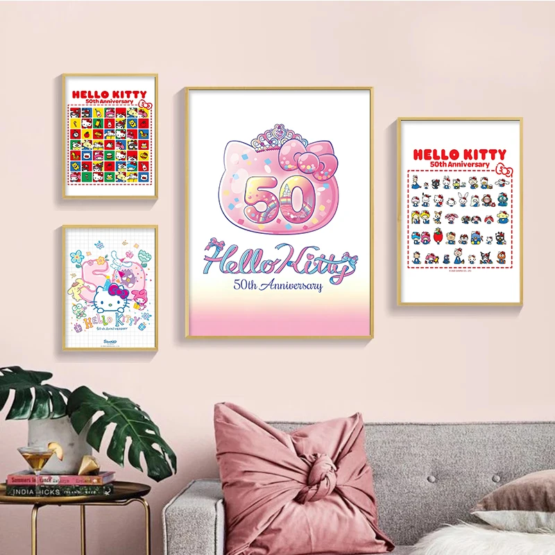 MINISO Sanrio Hello Kitty 50th Anniversary Cute Figure Poster stampe pittura murale camera da letto soggiorno Wall murale Decor Cuadros