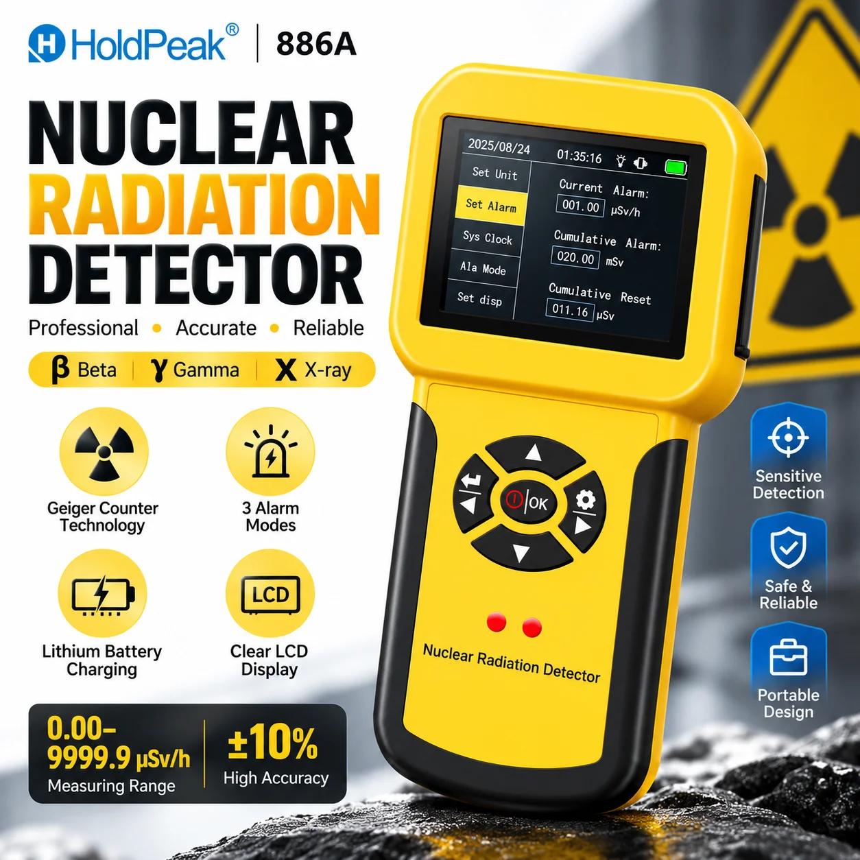 Nuclear Radiation Detector, Professional Geiger Counter for Beta Gamma X-Ray with LCD Display, Rechargeable Radioactive Tester