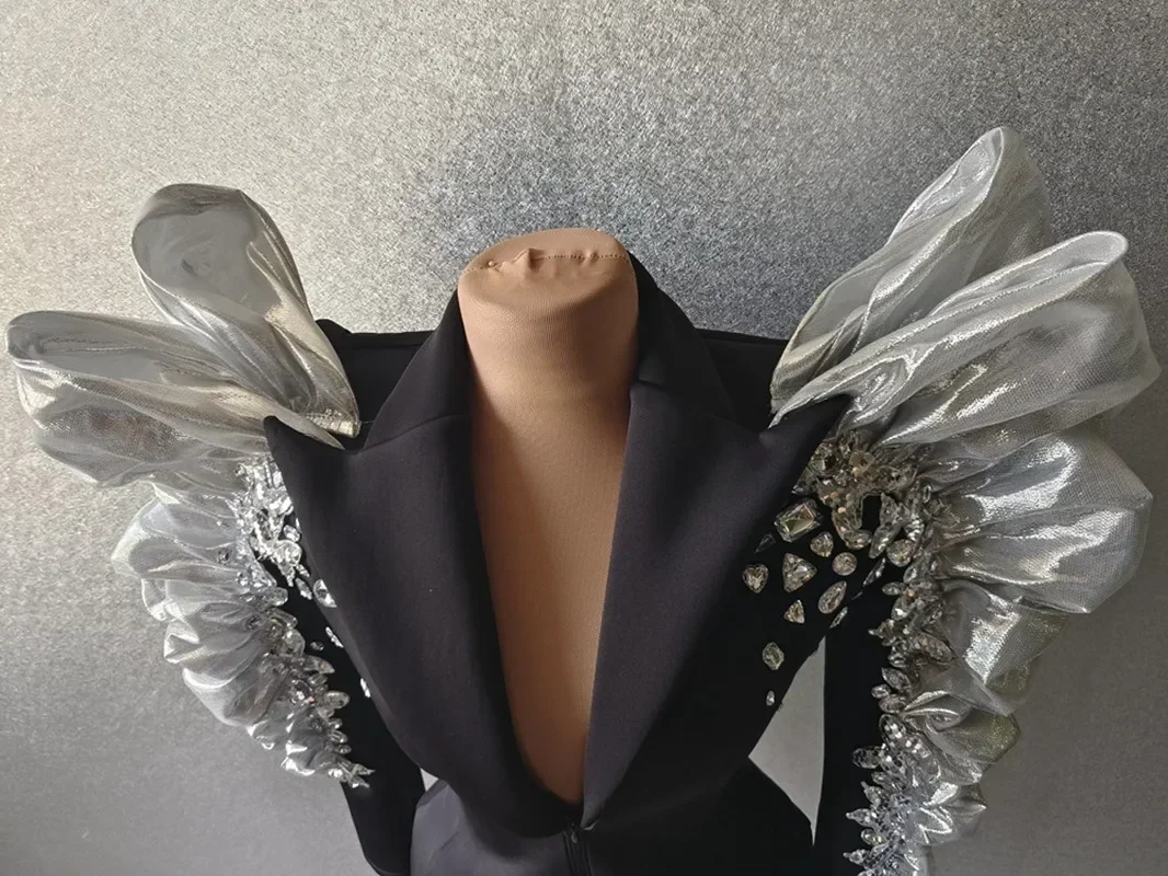 

Sexy Singer Black Jacket Sparkly Sequins Rhinestones Big Sleeves Dancer Nightclub Jazz Dance Costume Performance Show Stage Wear