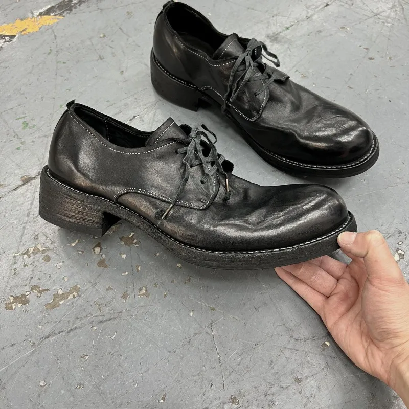 Men Black Wrinkled Washed Horsehide Derby Shoes Lace Up Hand Stitched Vintage Thick Sole Casual Dress Shoes