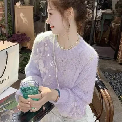 Women Clothing 2022 Spring Autumn Pink Sequin Sweater Woman Design Sense Gentle Hollow Knit Simple Casual Oversized Sweater