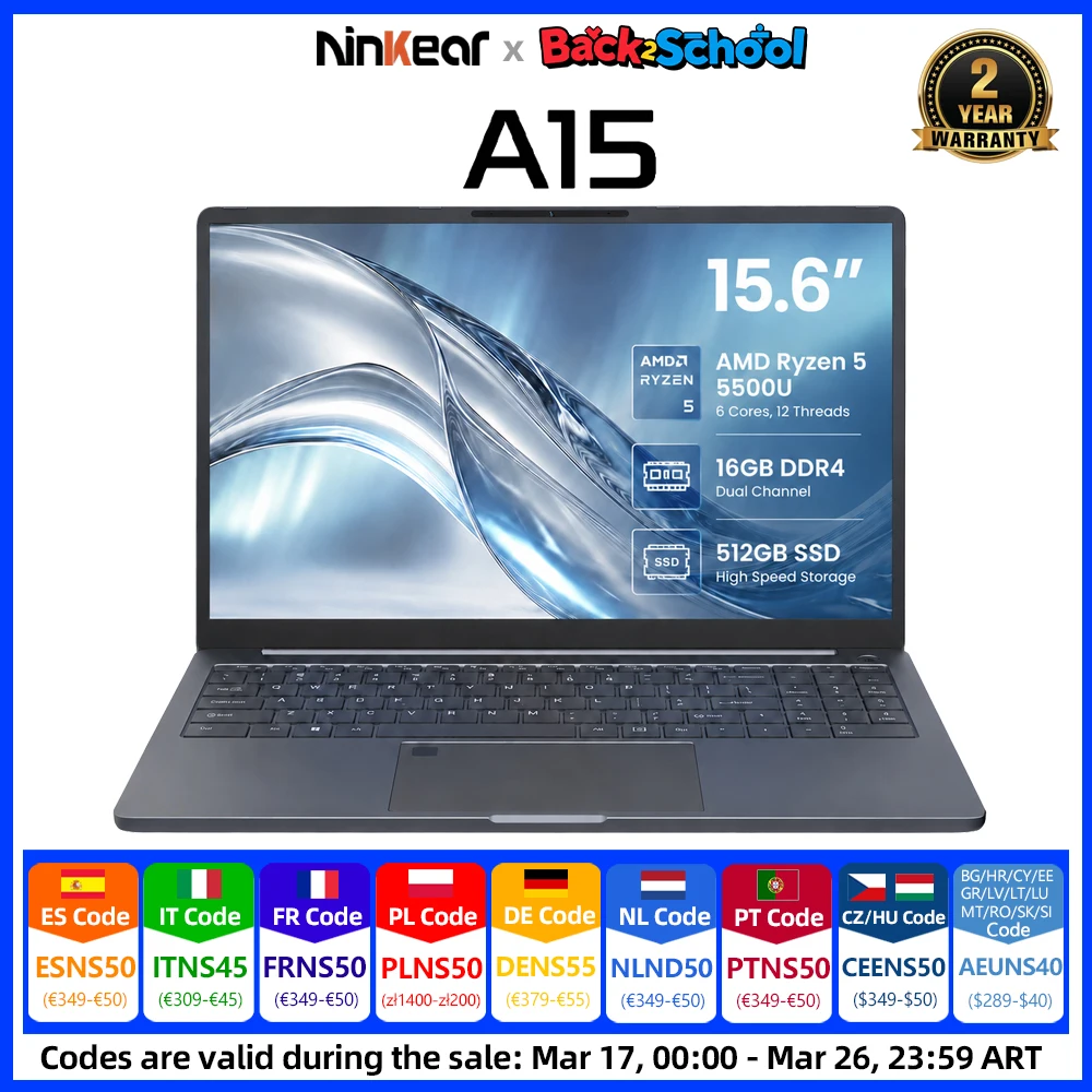 Ninkear A15 Pro Laptop 15,6 Zoll FHD IPS AMD Ryzen 5 5500U 16GB RAM 512GB SSD Metallgehäuse Fingerabdrucksensor Tastaturbeleuchtung WiFi 6 USB-C PD 65W Schnellladung Windows 11 EU-Stecker