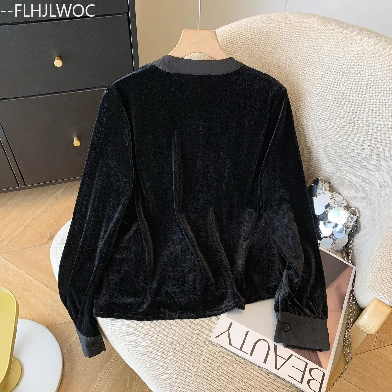 Ano novo natal bonito preto veludo topos blusa mulher outono inverno básico elegante senhora retro vintage botão superior camisas bonito