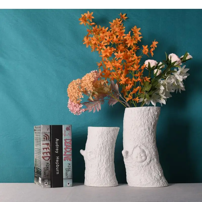 Simple White Tree Stump Ceramic Vase Table Top Living Room Decoration Home Art Flower Arrangement Modern Decor Gift