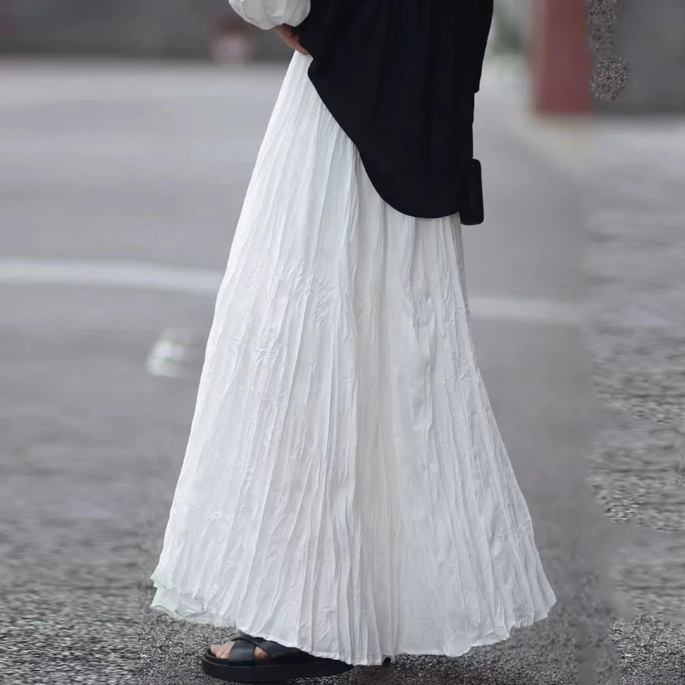 

Women Elastic High Waist Girls Two Layer Sweet Lace Pleated Solid Spring Summer Elegant Office Long Skirts Black White