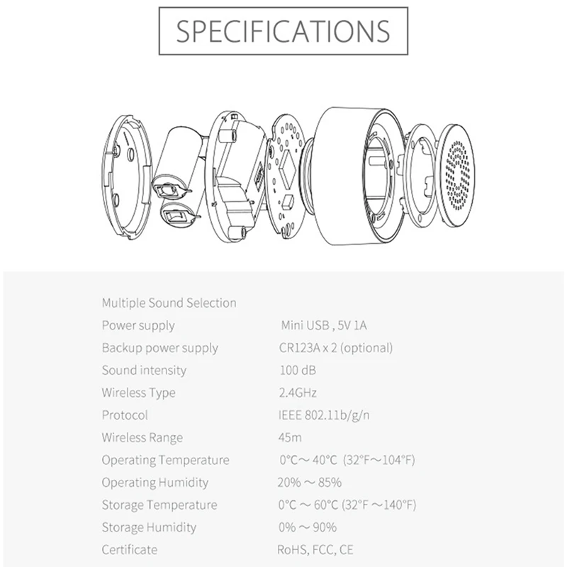 RISE-Беспроводная умная сирена 120 дБ и сигнальный звонок-белый, со стробоскопом, дистанционное управление через приложение, Wi-Fi USB сирена