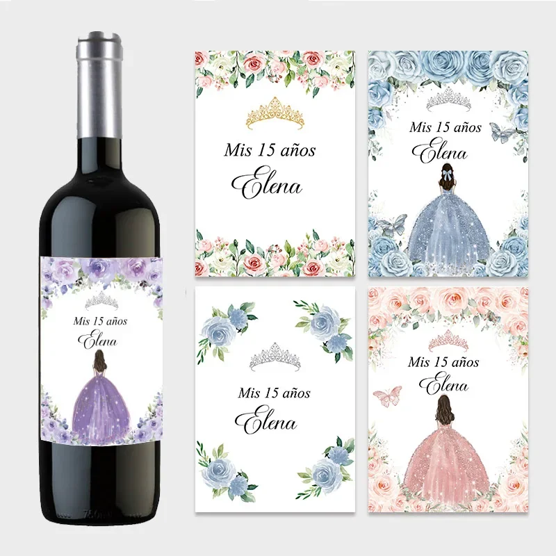 20pcs Personalise Mis 15 Años XV Mis Quince Wine Bottle Labels Stickers Custom 15th/16th Birthday Party Decor Labels Crown