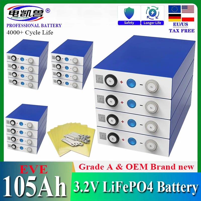 

16PCS 3.2V 105AH Lifepo4 Grade A Lithium Iron Phosphate Rechargable 12V 24V 48V Battery Prismatic RV Solar System EU US TAX FREE