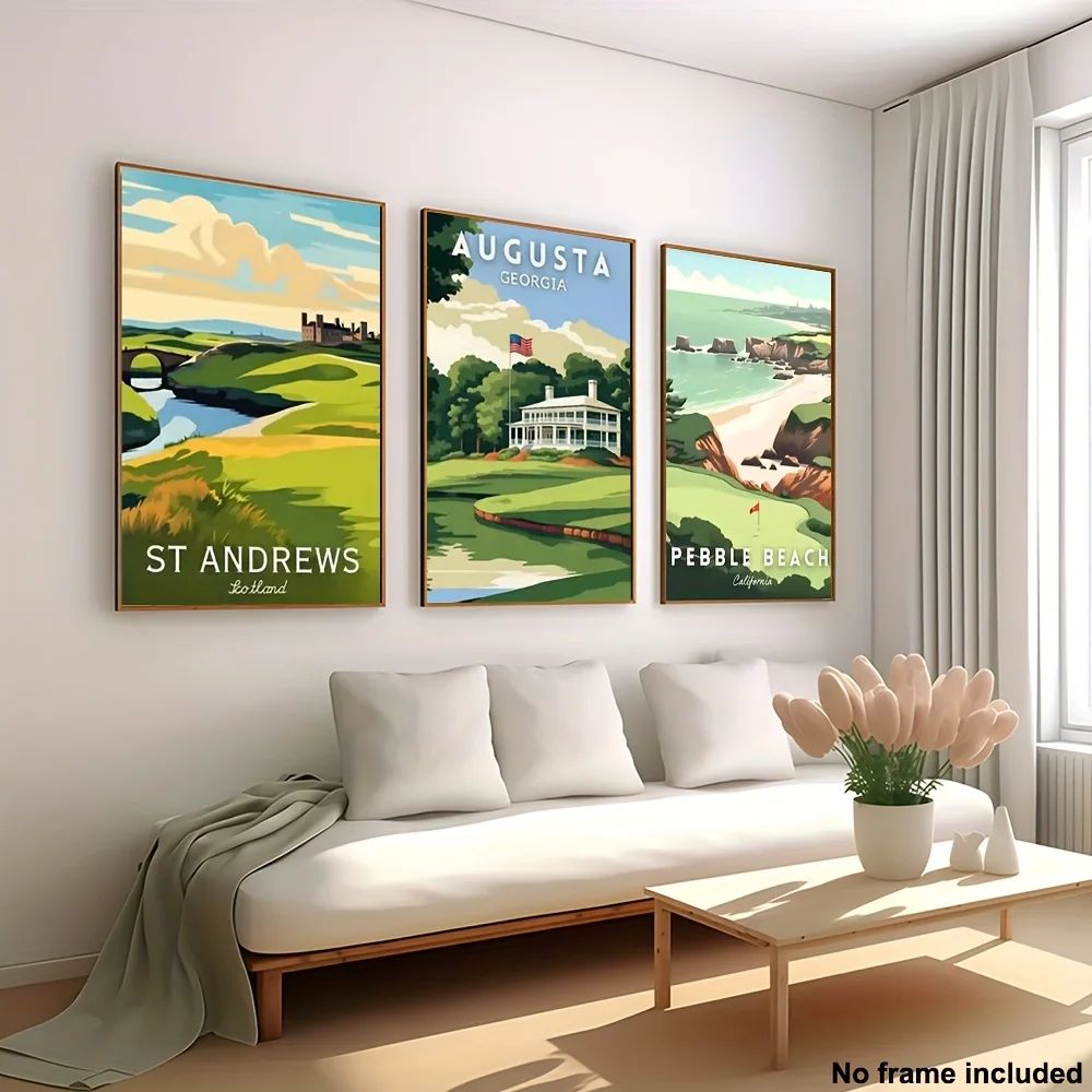 3 piezas, arte en lienzo sin marco, juego de 3 pinturas decorativas para sala de estar, impresiones de campos de golf - Augusta National, Pebble Beach, St.